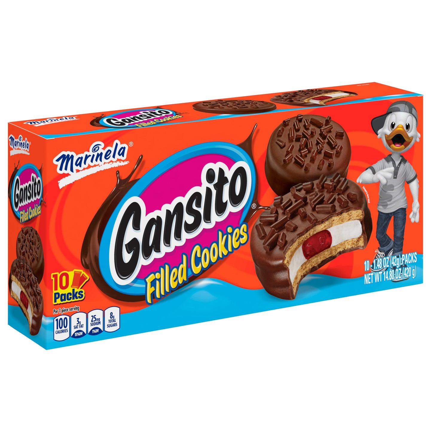 Marinela Gansito Strawberry and Crème Filled Snack Cookies with Chocolate Coating, Artificially Flavored, 10 Count