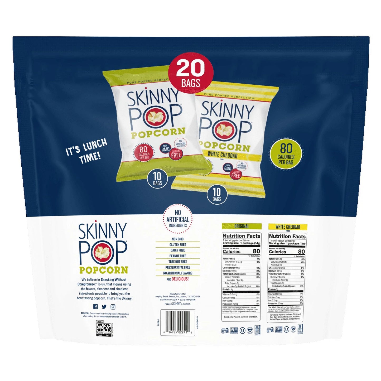 SkinnyPop Gluten-Free Original and White Cheddar Popcorn Variety Pack, 0.5 oz, 20 Count