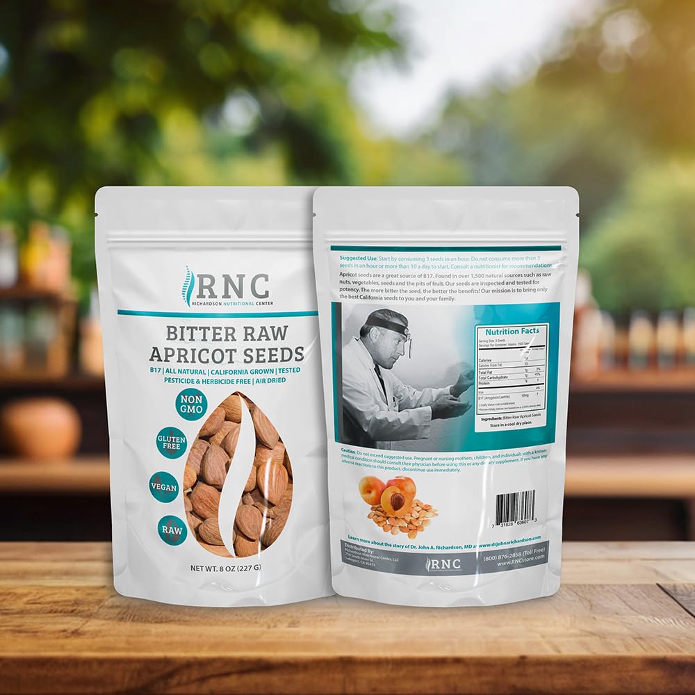 Richardson Nutritional Center Fresh Raw Bitter Apricot Seeds - California Grown Kernels with Amygdalin, B Vitamins, Minerals, Protein - Lab Tested, Vegan, No Gluten or GMO - 8oz Bag