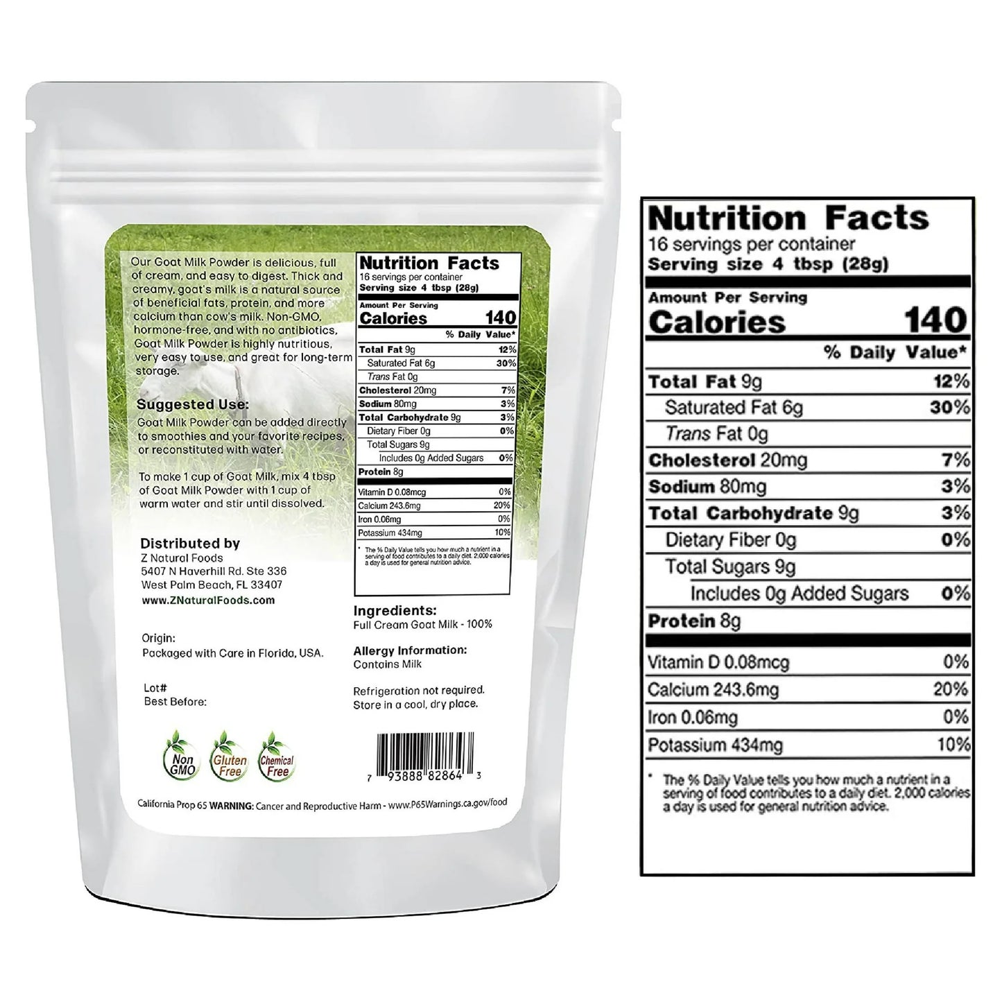 Z Natural Foods Full Cream Goat Milk Powder, 100% Pure Netherlands Organic Milk, Highly Nutritious, Easy Digestion, Anti-Inflammatory, Additive Free, Gluten Free, Non-GMO, 1 Lb