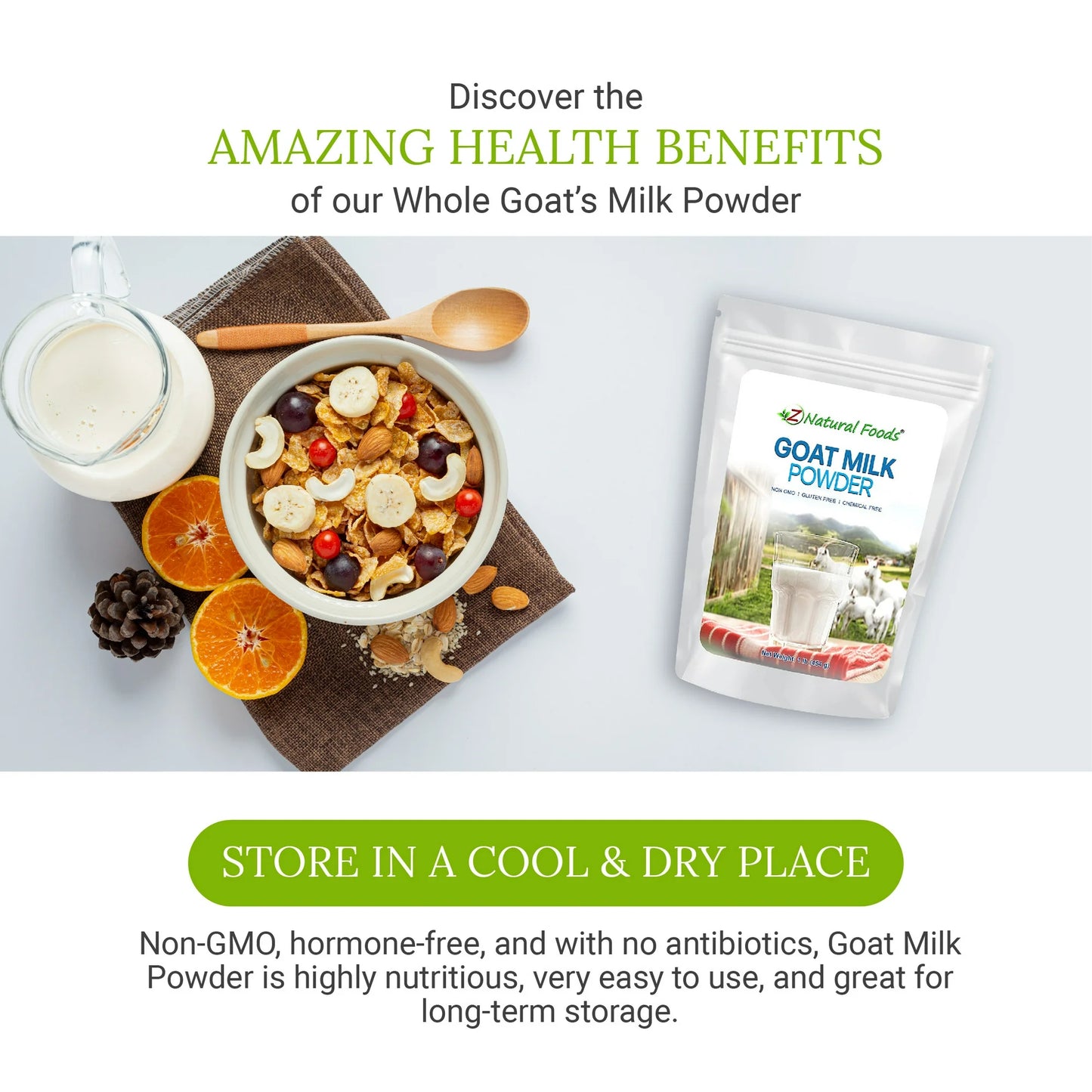 Z Natural Foods Full Cream Goat Milk Powder, 100% Pure Netherlands Organic Milk, Highly Nutritious, Easy Digestion, Anti-Inflammatory, Additive Free, Gluten Free, Non-GMO, 1 Lb