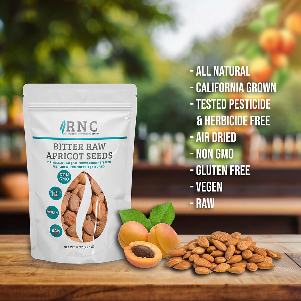 Richardson Nutritional Center Fresh Raw Bitter Apricot Seeds - California Grown Kernels with Amygdalin, B Vitamins, Minerals, Protein - Lab Tested, Vegan, No Gluten or GMO - 8oz Bag