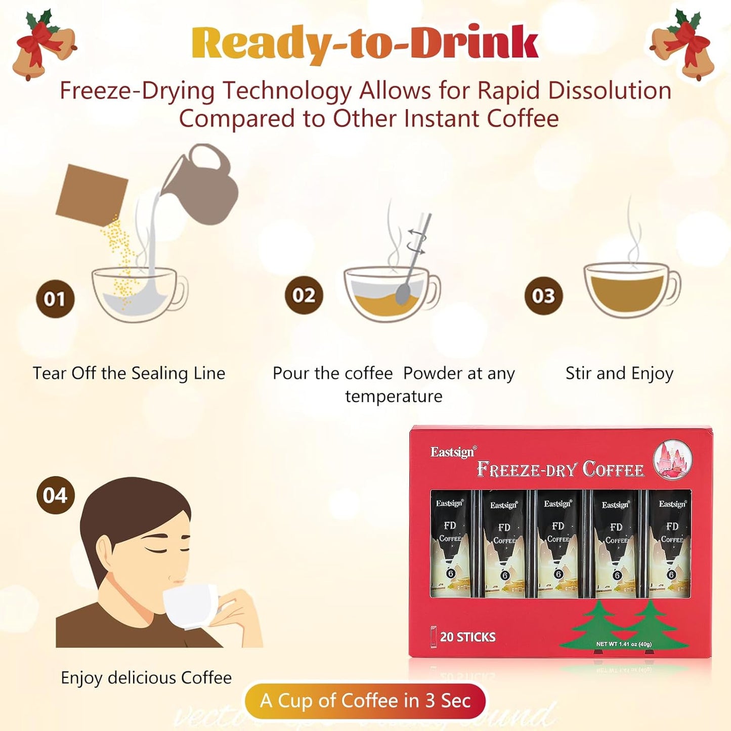 20 Count Instant Coffee Packets,Coffee Gift Set,Freeze-dried Coffee,Enjoy Hot/Cold,100% Arabica Beans,Christmas Stocking Stuffers,Serves for Camping Traveling Office (20 Packets-1.41oz)