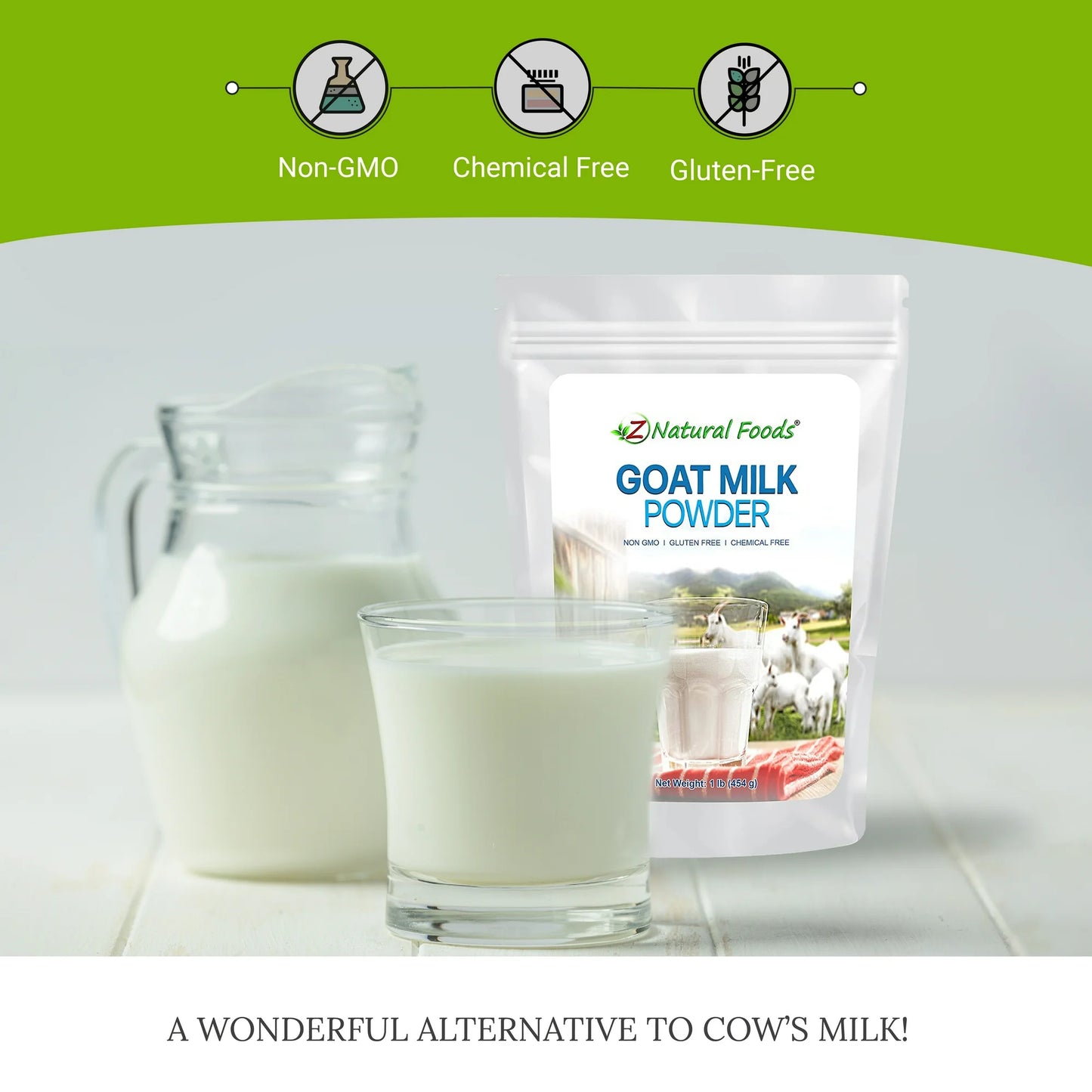 Z Natural Foods Full Cream Goat Milk Powder, 100% Pure Netherlands Organic Milk, Highly Nutritious, Easy Digestion, Anti-Inflammatory, Additive Free, Gluten Free, Non-GMO, 1 Lb