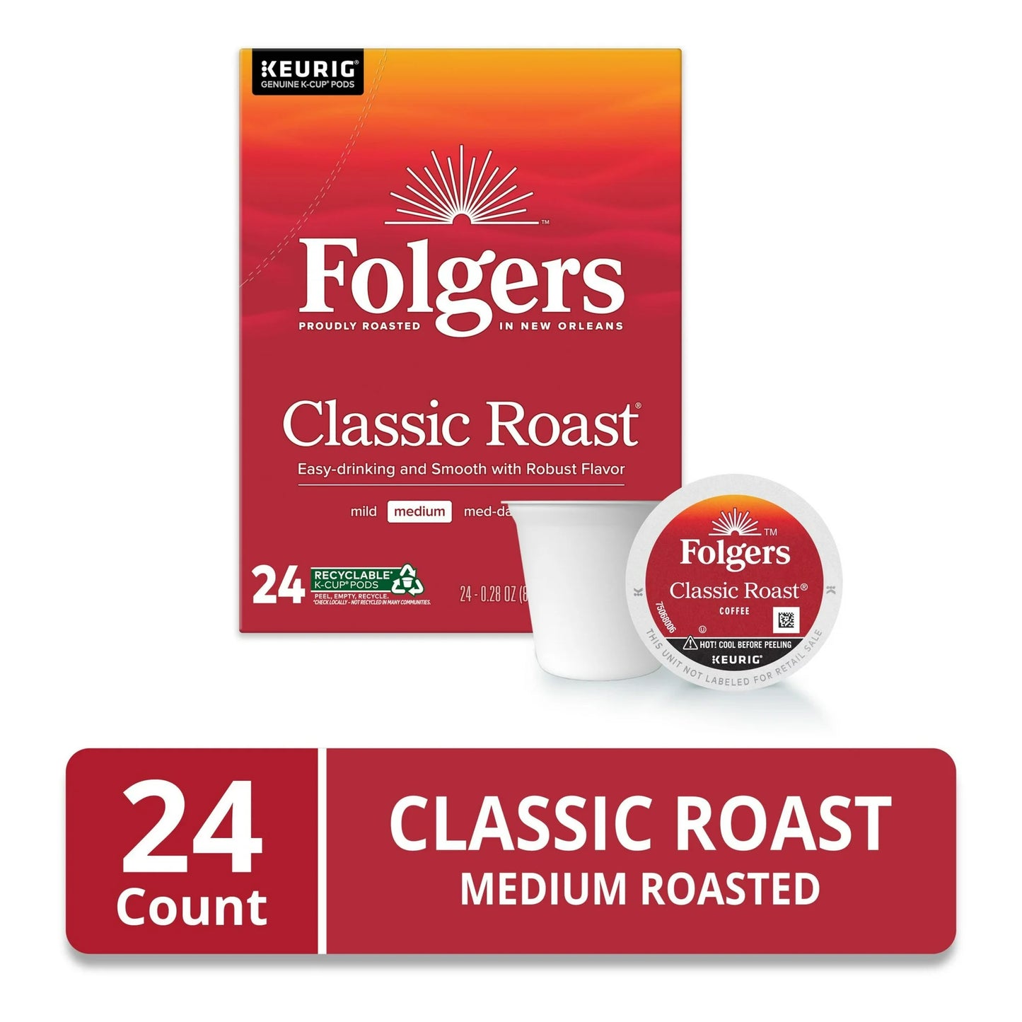 Folgers Classic Roast, Medium Roast Coffee, Keurig K-Cup Pods, 24 Count Box