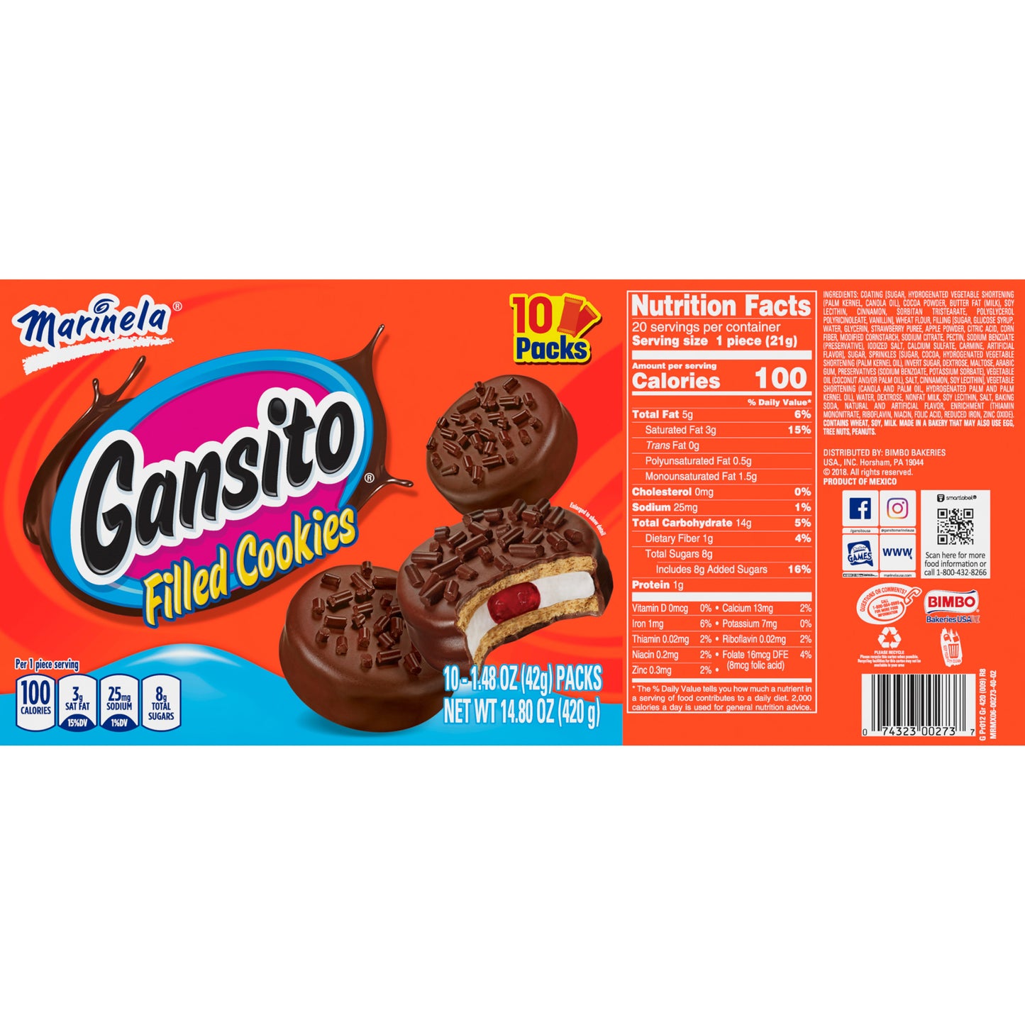 Marinela Gansito Strawberry and Crème Filled Snack Cookies with Chocolate Coating, Artificially Flavored, 10 Count