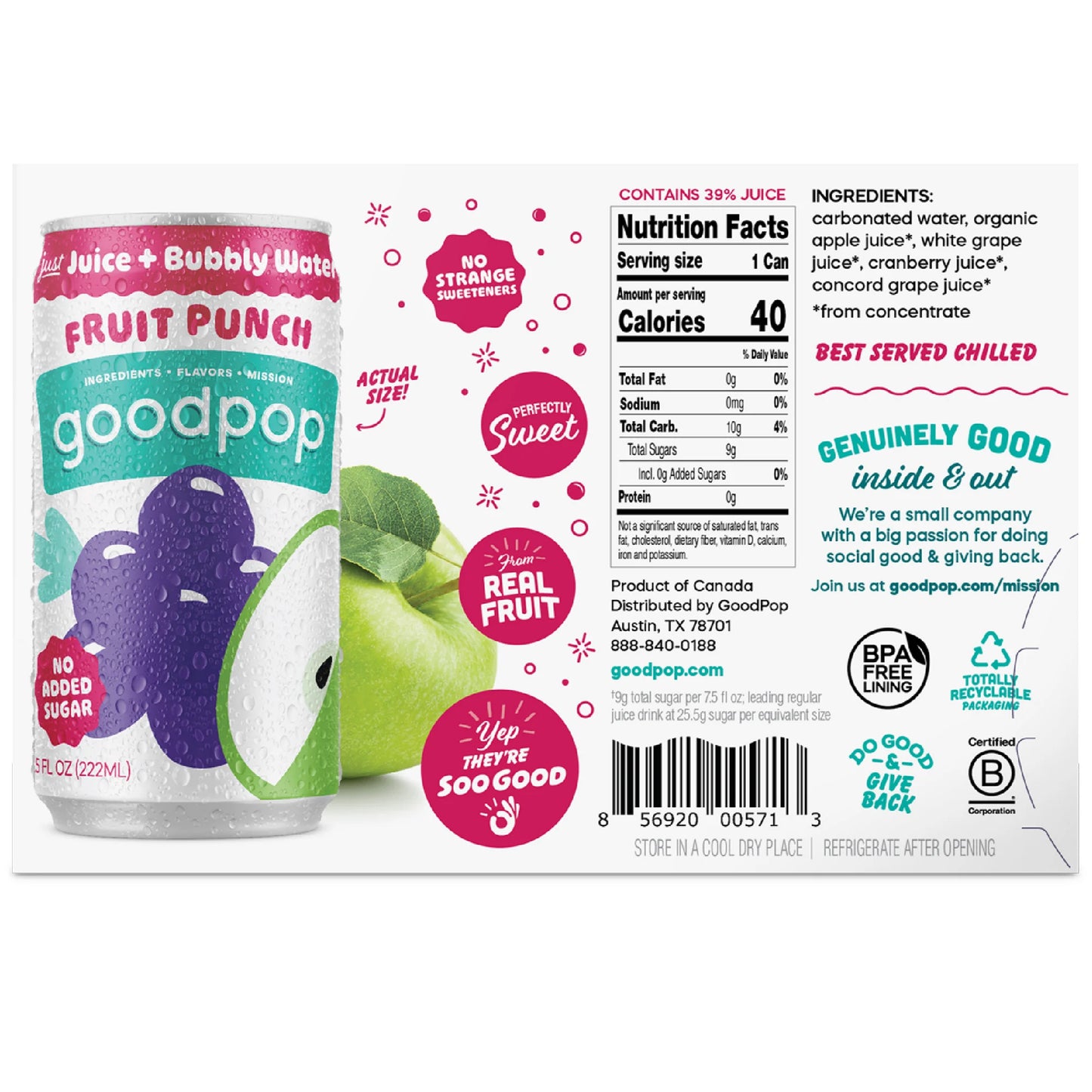 GoodPop Just Juice + Bubbly Water Mini Cans Fruit Punch 7.5 fl oz 6 pk