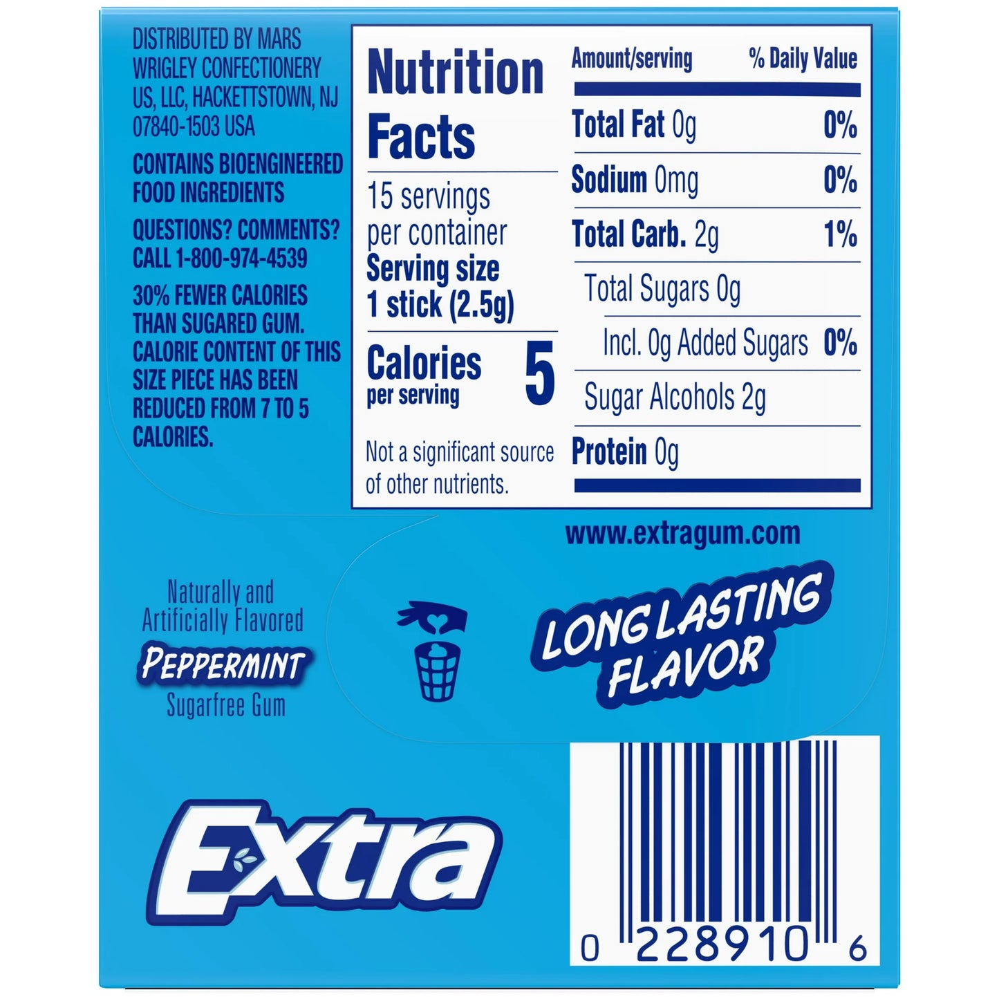 Extra Gum Peppermint Sugar Free Chewing Gum, Single Pack - 15 Stick