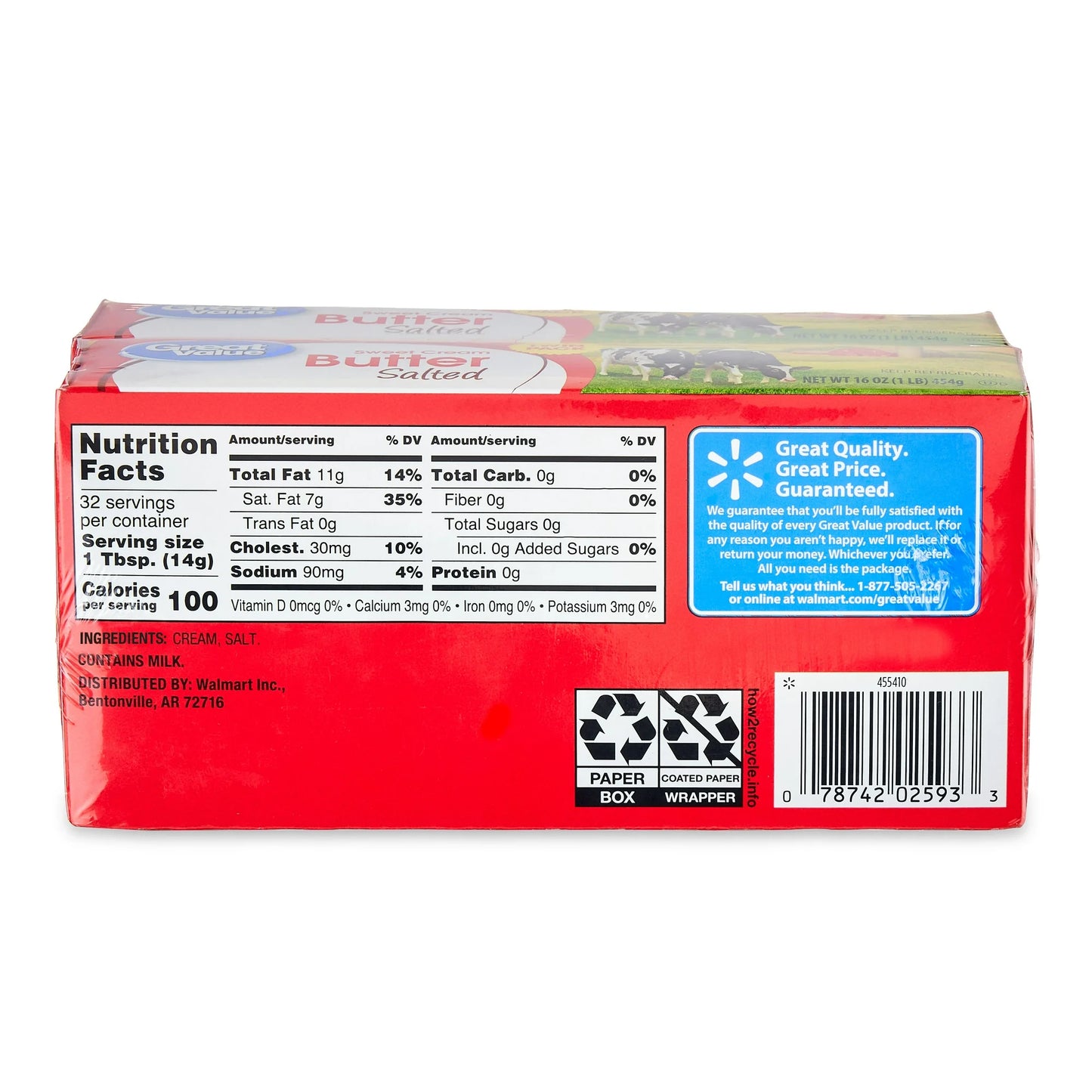 Great Value Sweet Cream Salted Butter Twin Pack, 16 oz Box, 4 Sticks, Refrigerated