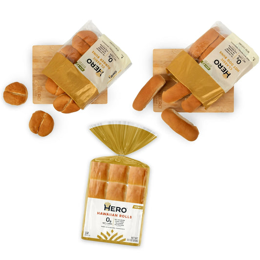 Hero 0g Net Carb Hero Bread Party Sidekick Bundle - Hawaiian Rolls, Burger Buns, Hot Dog Buns