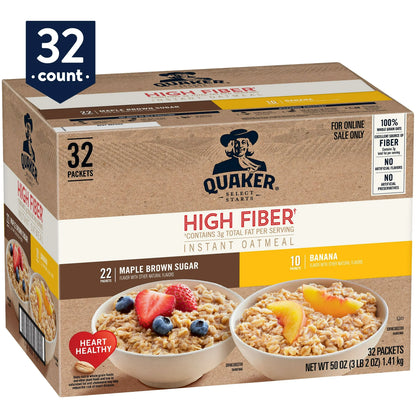 Quaker Instant Oatmeal, High Fiber Variety Pack, Quick Cook Ready-to-Microwave Oatmeal, 32 Packets