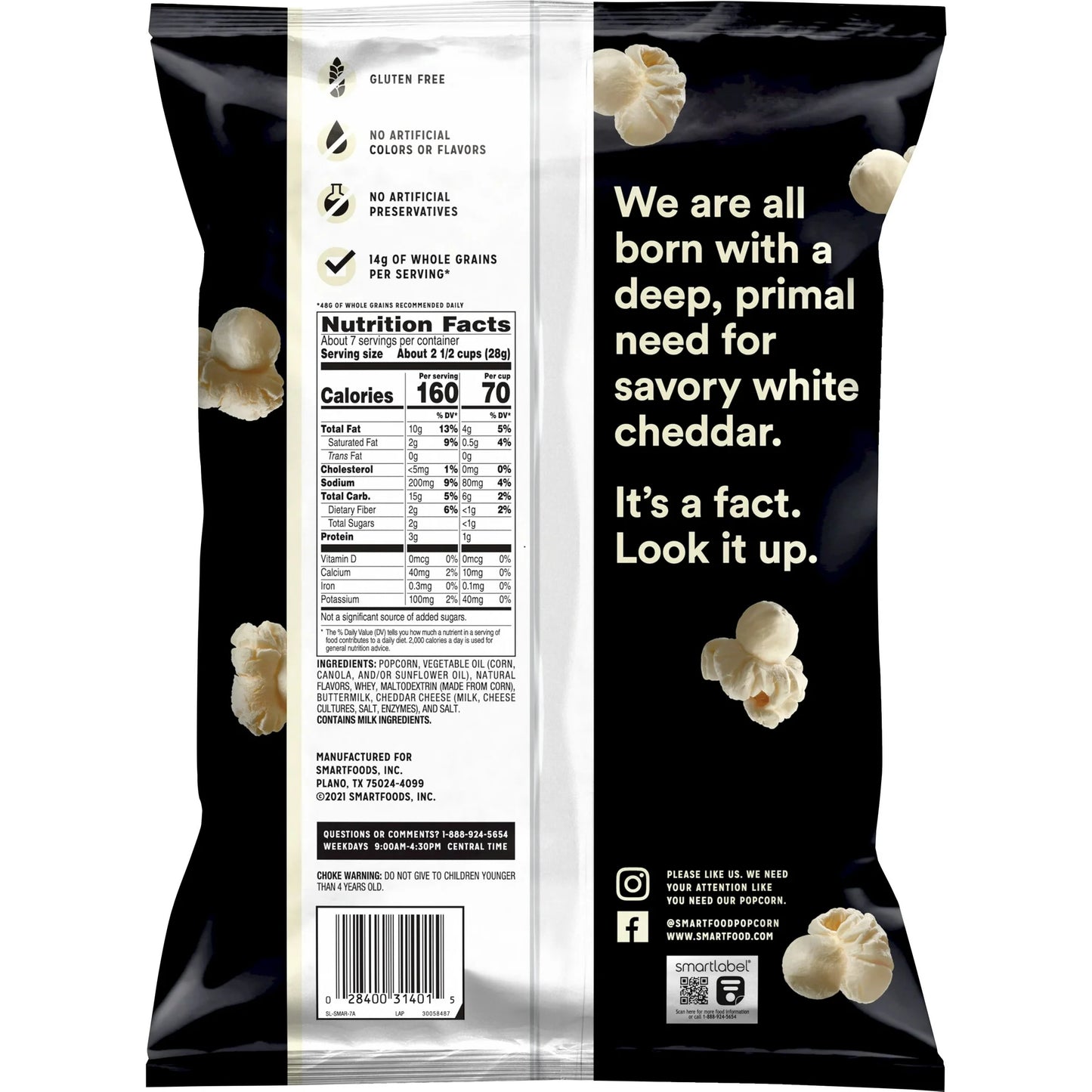 Smartfood Popcorn, White Cheddar, 6.75 oz Bag