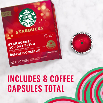 Starbucks by Nespresso Vertuo Line Pods, Medium Roast Coffee, Holiday Blend, 8 Count