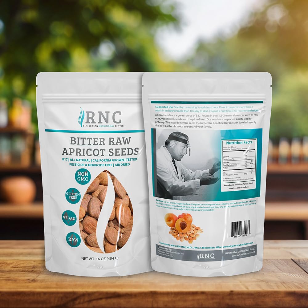 Richardson Nutritional Center Fresh Raw Bitter Apricot Seeds (1 LB) 16oz - California Grown Kernels with B Vitamins, Minerals, Protein - Lab Tested, Vegan, No Gluten or GMO