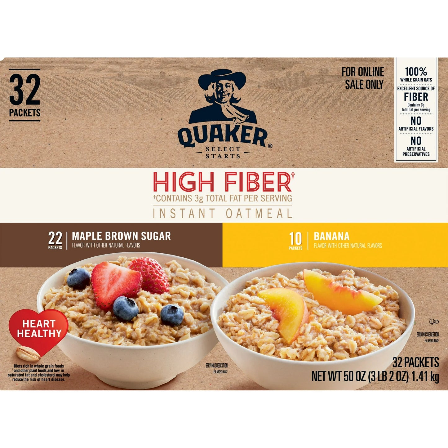 Quaker Instant Oatmeal, High Fiber Variety Pack, Quick Cook Ready-to-Microwave Oatmeal, 32 Packets