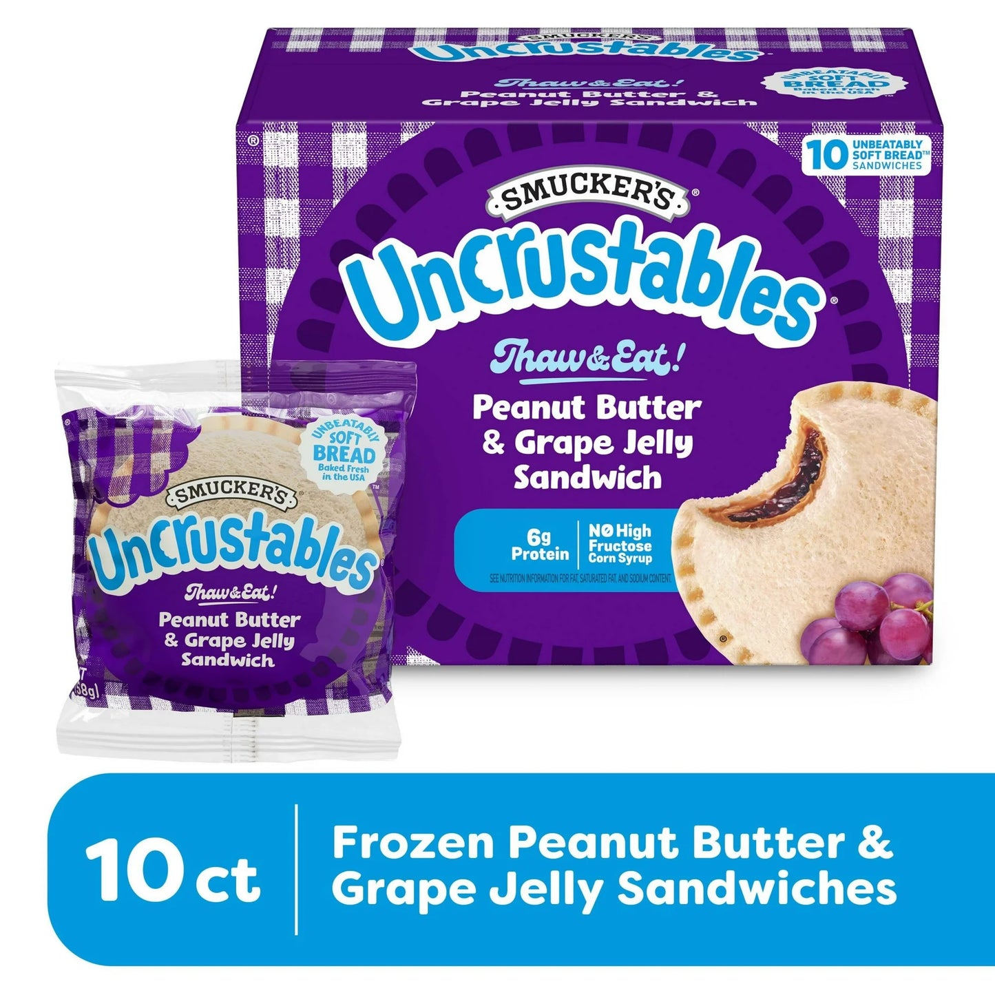 Uncrustables PB&J Sandwiches, Peanut Butter & Grape Jelly, 10 Ct. Box