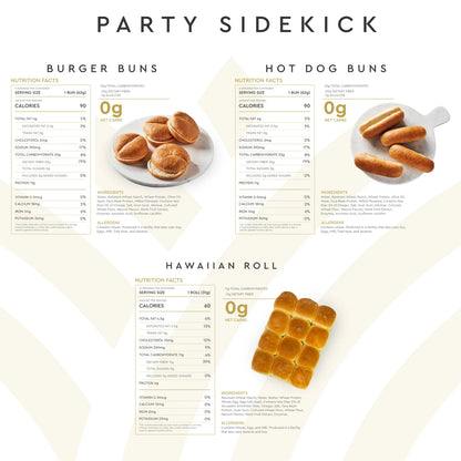 Hero 0g Net Carb Hero Bread Party Sidekick Bundle - Hawaiian Rolls, Burger Buns, Hot Dog Buns