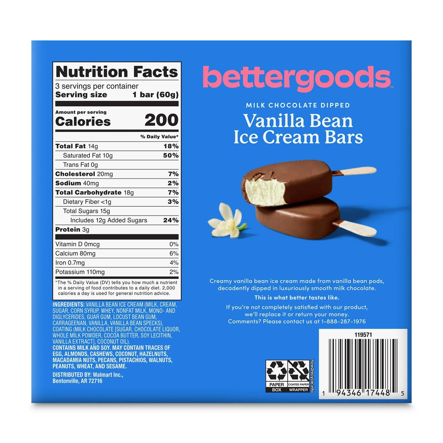 bettergoods Milk Chocolate Dipped Vanilla Bean Ice Cream Bars, 3 fl oz, 3 Count