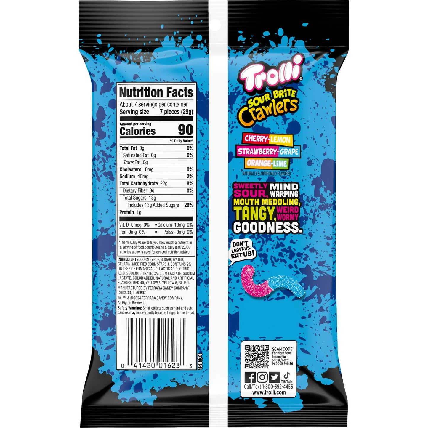 Trolli Sour Brite Crawlers, Candy, Cherry-Lemon, Strawberry-Grape & Orange-Lime, Sweet and Sour, Gummy Worms, 7.2 oz