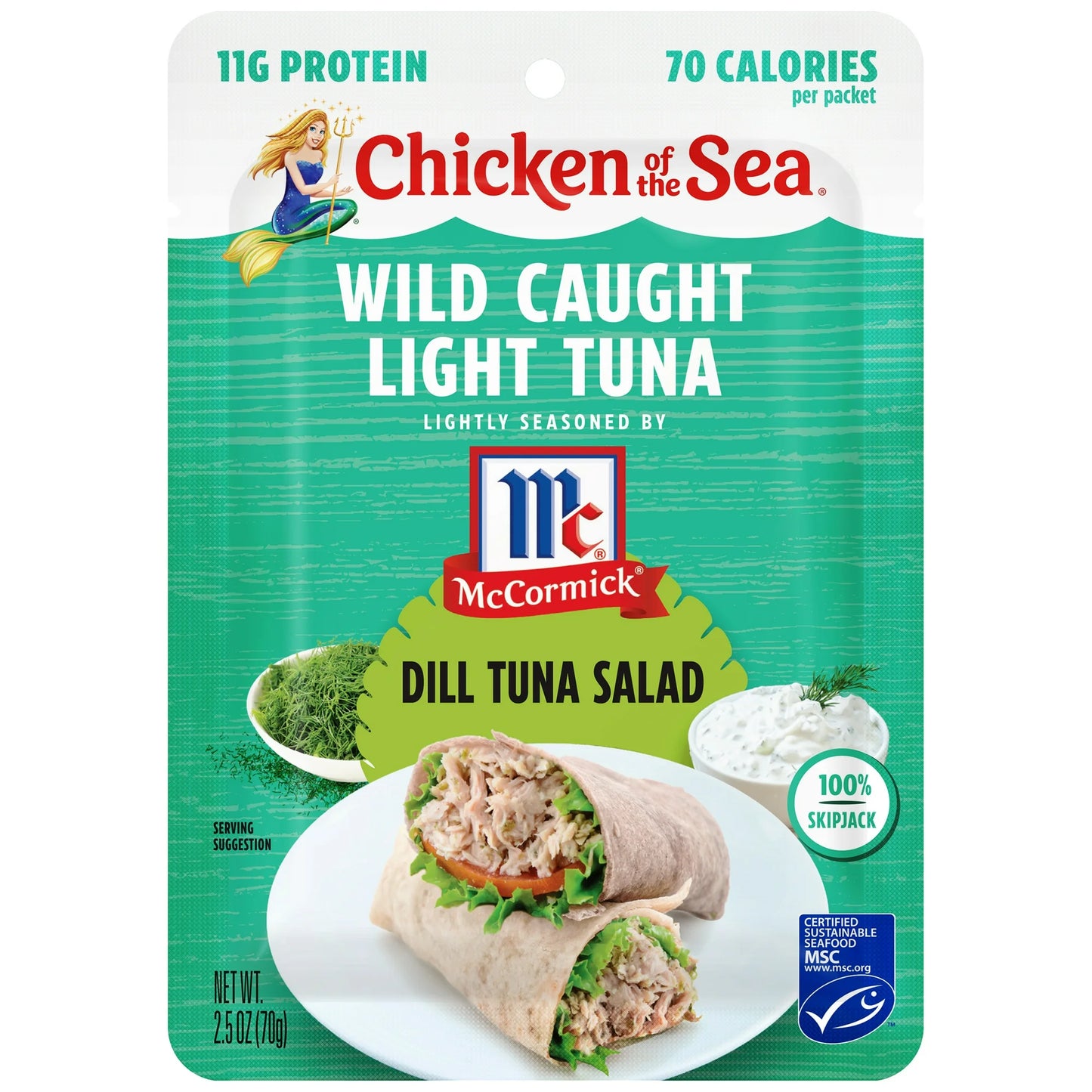 (4 pack) Chicken of the Sea Wild Caught Light Tuna Lightly Seasoned by McCormick, Dill Tuna Salad, 2.5 oz Pouch