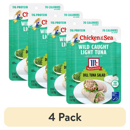 (4 pack) Chicken of the Sea Wild Caught Light Tuna Lightly Seasoned by McCormick, Dill Tuna Salad, 2.5 oz Pouch