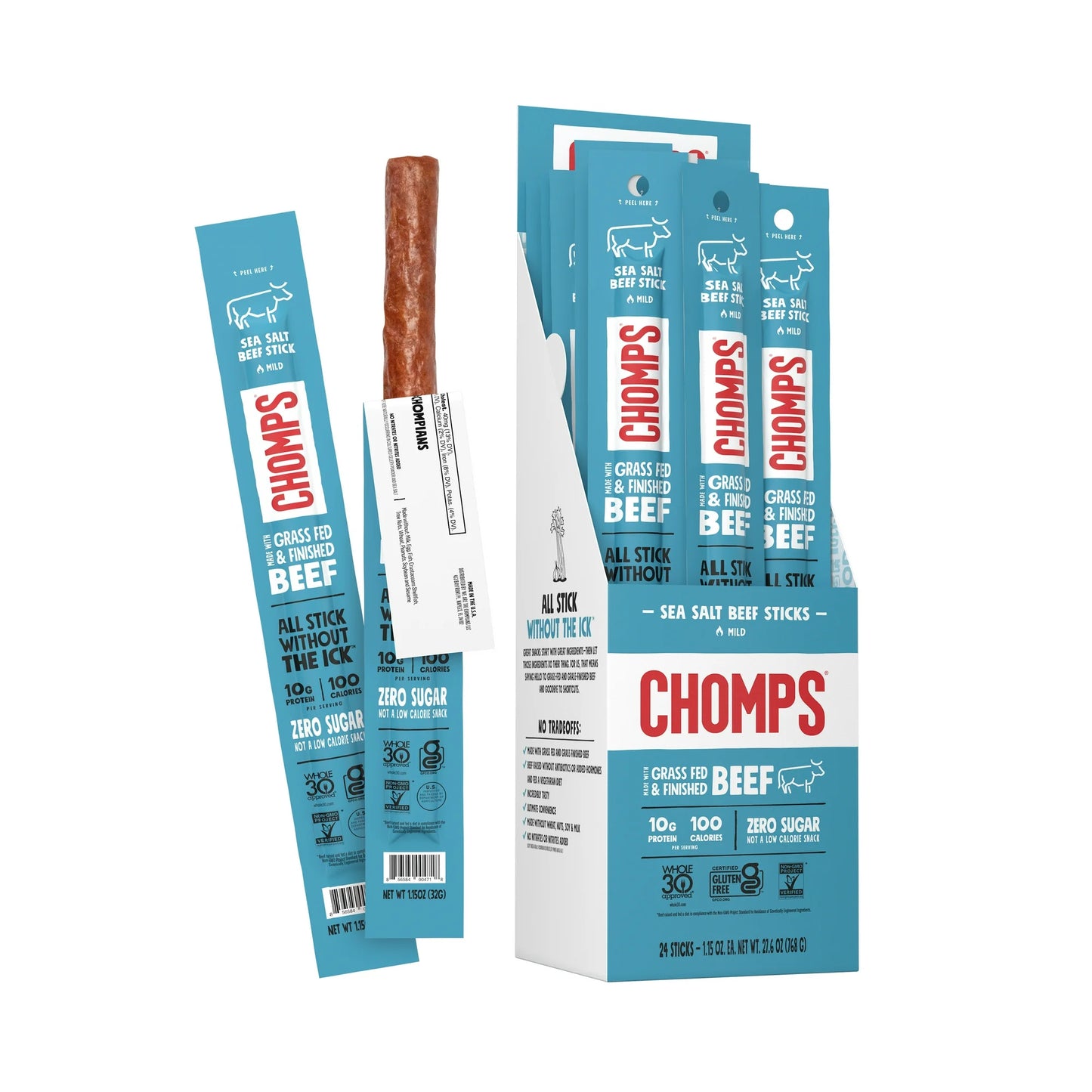 Chomps Grass-Fed Sea Salt Beef Jerky Snack Sticks, Keto, Whole30,Gluten Free,Sugar Free,24ct 1.15oz