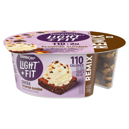 Dannon Light + Fit REMIX Brownie Sundae Vanilla Fat Free Greek Yogurt Cups with Brownie Crumbles, Honey Praline Almonds and Butter Toffee Mix-Ins, 4.5 oz