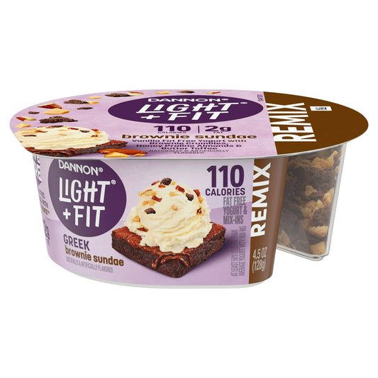 Dannon Light + Fit REMIX Brownie Sundae Vanilla Fat Free Greek Yogurt Cups with Brownie Crumbles, Honey Praline Almonds and Butter Toffee Mix-Ins, 4.5 oz