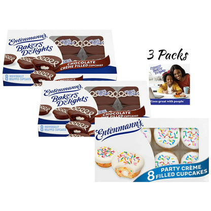 Entenmann's Baker's Delights Party Creme Filled Soft Vanilla Cupcakes, 8 count, 12.7 oz and Entenmann's Baker's Delights Chocolate Crème Filled Cupcakes, 8 packs, 12.7 oz (3 Packs)