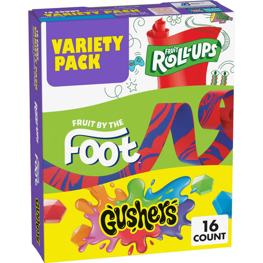 (3 pack) Fruit Roll-Ups, Fruit by the Foot, Gushers, Snacks Variety Pack, 16 Ct, 10.2 oz