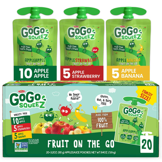 (20 Pack) GoGo Apple, Banana, Strawberry Applesauce Pouch, 3.2 oz