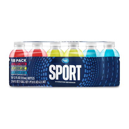 Great Value Sport Hydration Drink, Fruit Punch, Lemon Lime & Mixed Berry, 12 fl oz, 18 Bottles