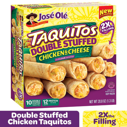 Jose Ole Double Stuffed Chicken & Cheese Taquitos, Flour Tortillas, Frozen Mexican Food, 20.8 Oz, 10 Count