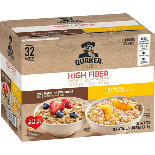 Quaker Instant Oatmeal, High Fiber Variety Pack, Quick Cook Ready-to-Microwave Oatmeal, 32 Packets