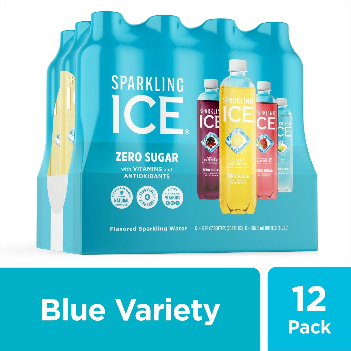 Sparkling Ice Blue Variety Pack, 12 Pack 17 fl oz Plastic Bottles (Grape Raspberry, Strawberry Watermelon, Classic Lemonade, Lemon Lime)