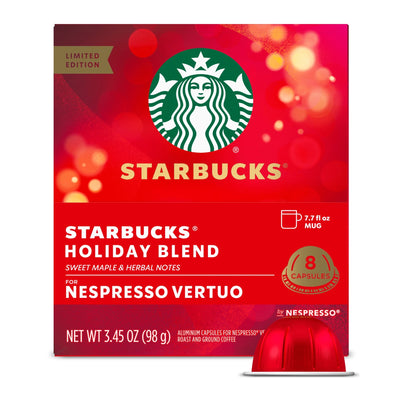 Starbucks by Nespresso Vertuo Line Pods, Medium Roast Coffee, Holiday Blend, 8 Count