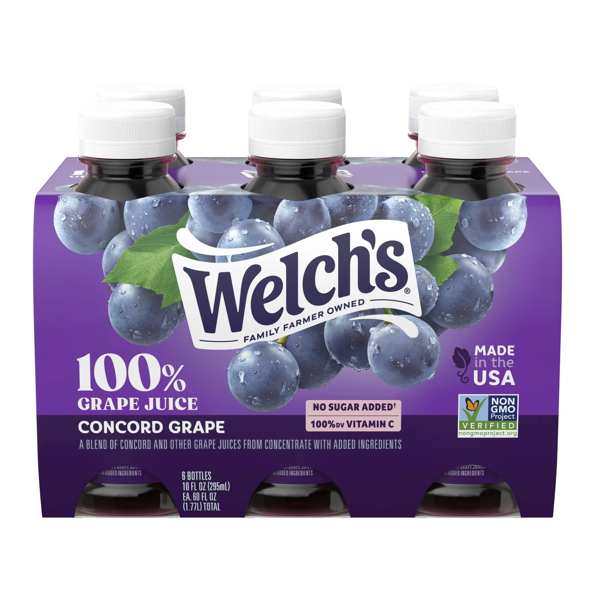 Welch's 100% Grape Juice, Concord Grape, 10 fl oz On-the-Go Bottle (Pack of 6)