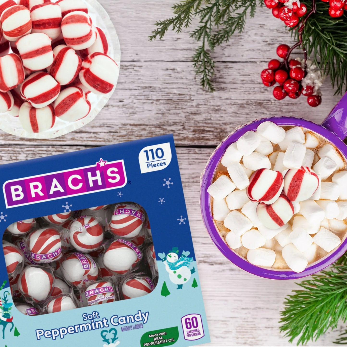 Brach's Holiday Soft Peppermint Candy, Individually Wrapped Mints, 19.25 oz. carton, 110 Pieces