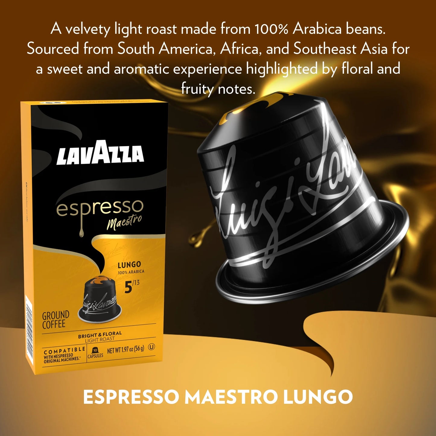 Lavazza Espresso Maestro Lungo Aluminum Capsules Compatible with Nespresso* Original Machines, Light Espresso Roast, 100% Arabica (60 Capsules)