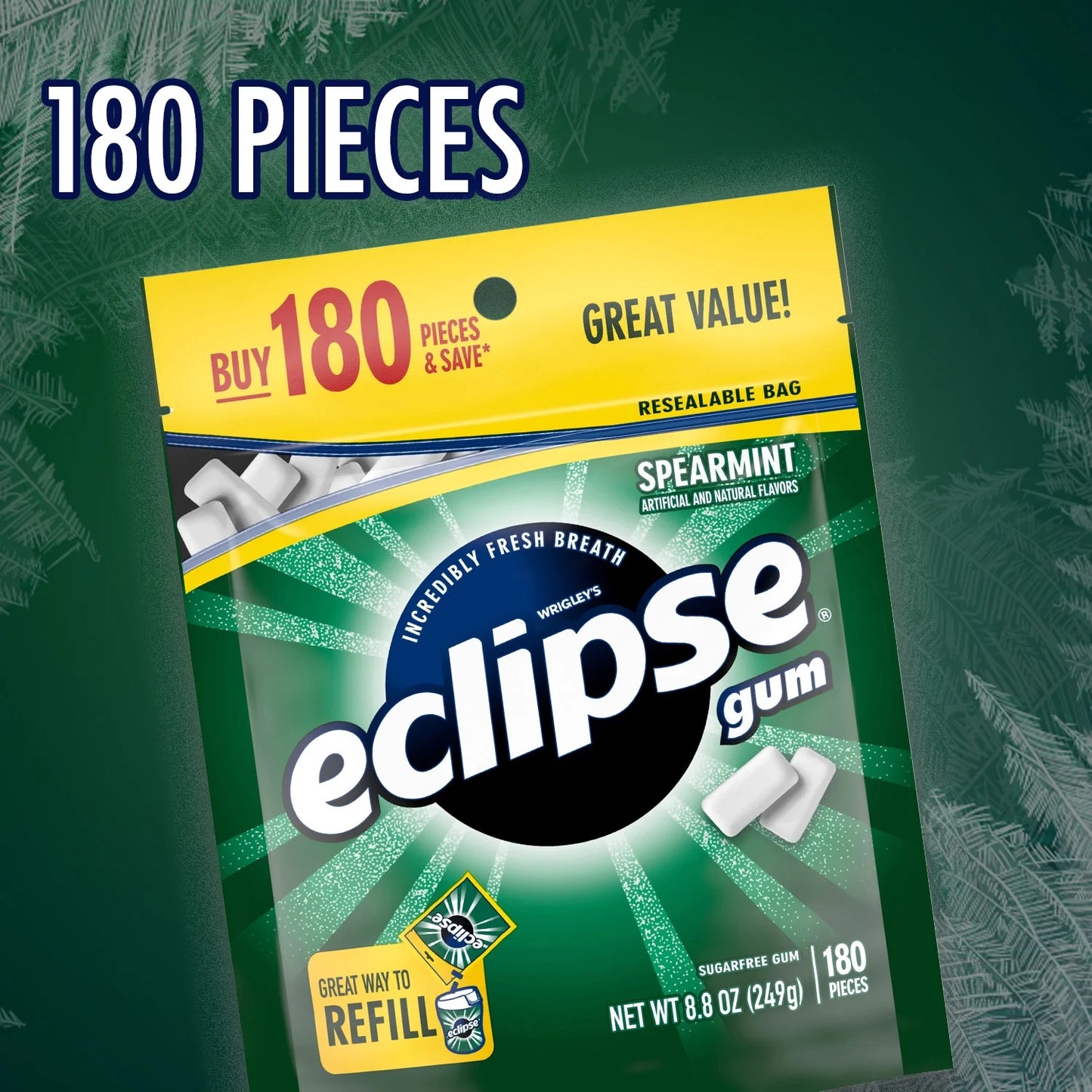 Eclipse Spearmint Sugar Free Chewing Gum, Value Pack - 180 Ct Bag