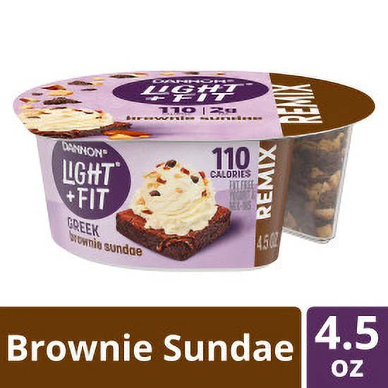 Dannon Light + Fit REMIX Brownie Sundae Vanilla Fat Free Greek Yogurt Cups with Brownie Crumbles, Honey Praline Almonds and Butter Toffee Mix-Ins, 4.5 oz